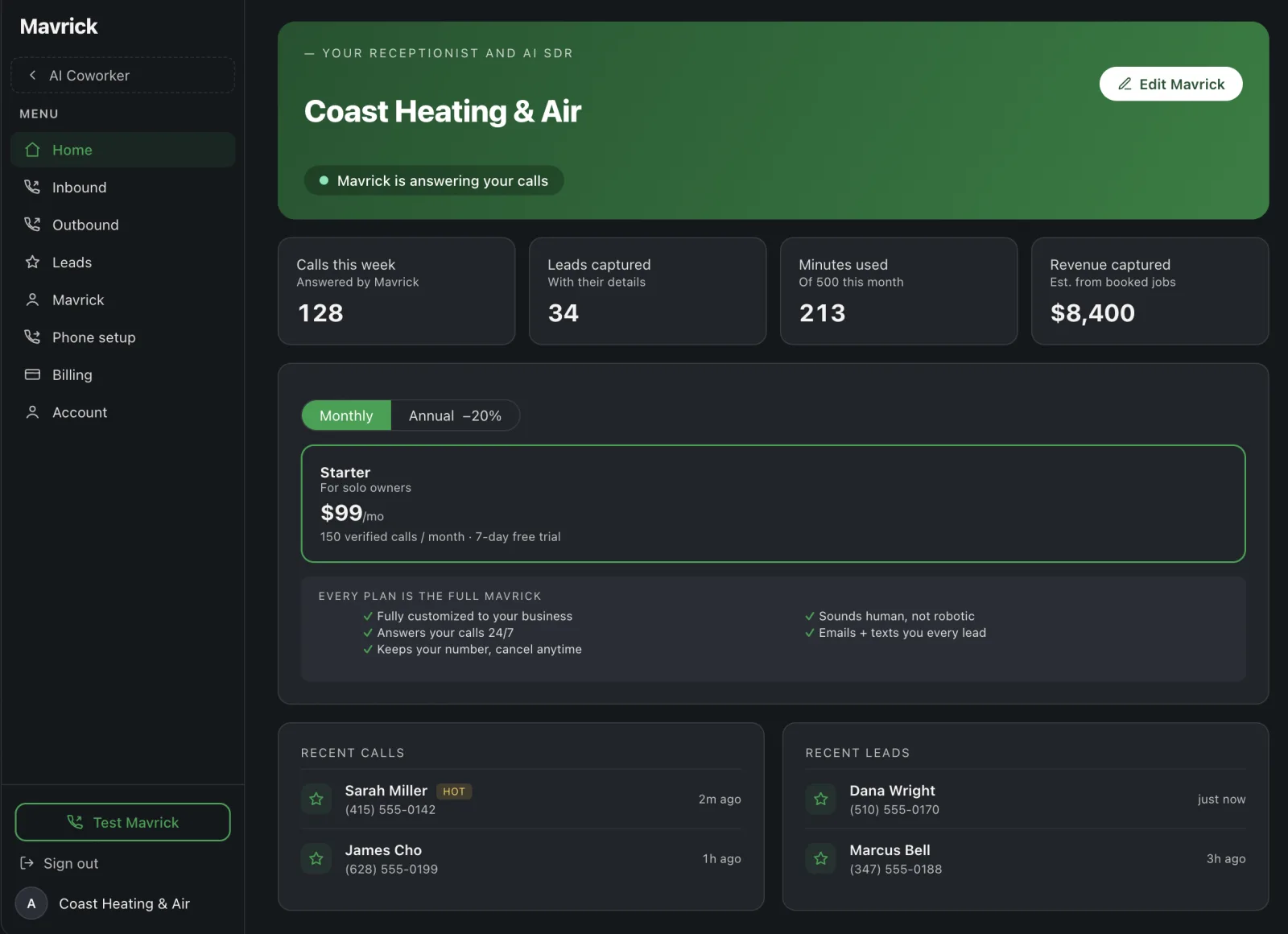 Merit dashboard — calls this week, leads captured, minutes used, revenue captured