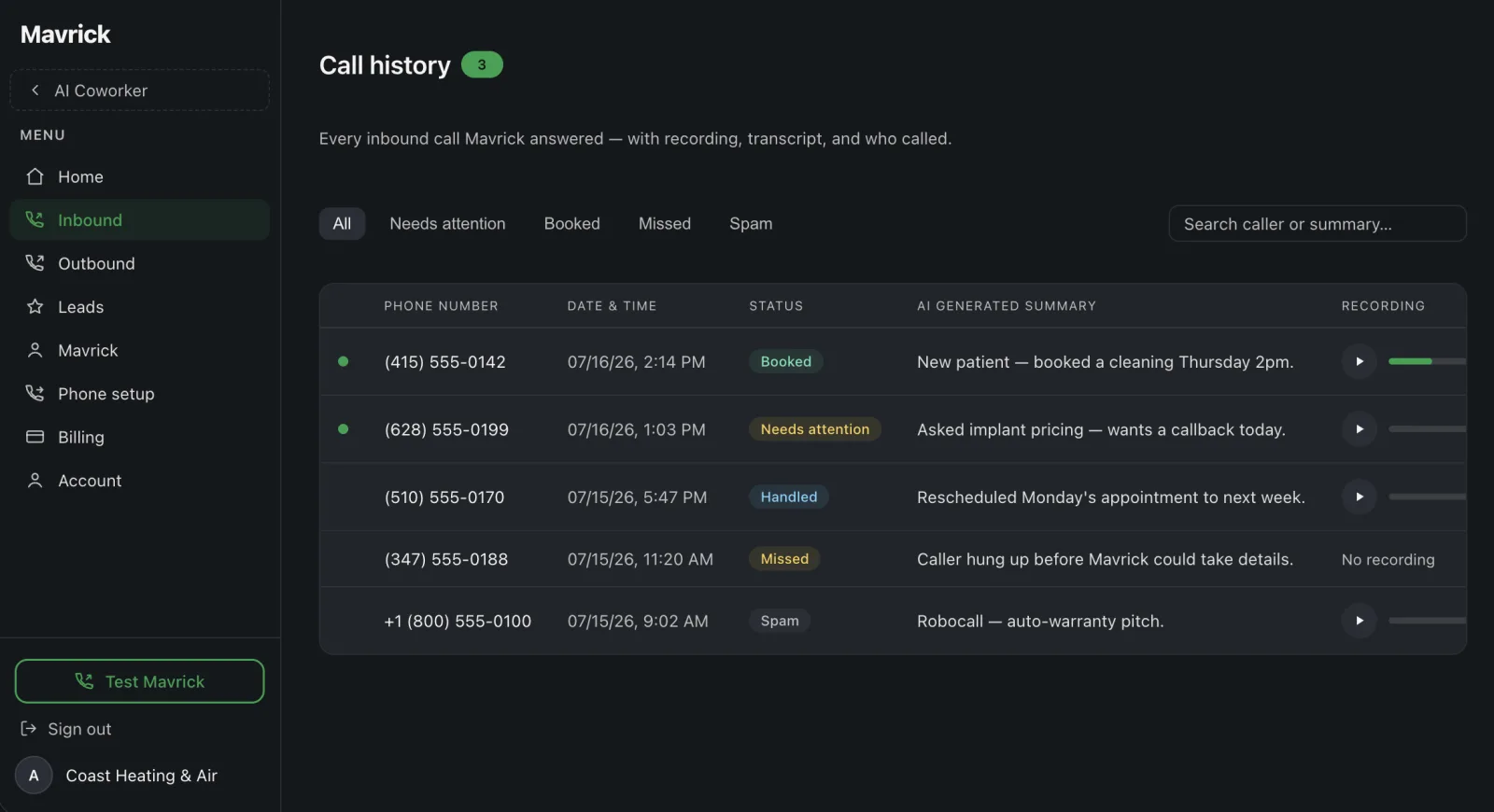 Call history with AI-generated summaries, status and recordings for every inbound call