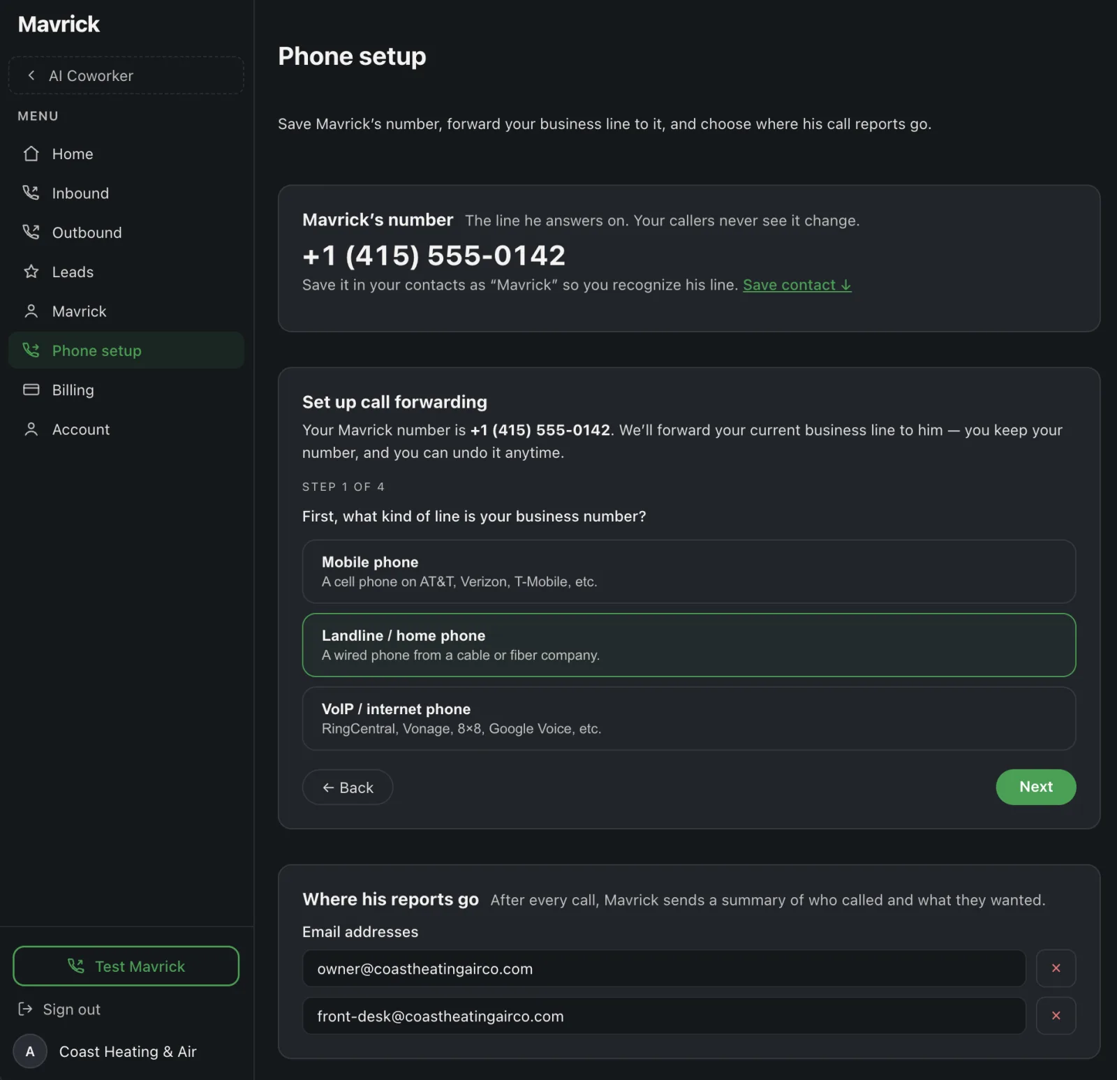 Phone setup — Merit's number, call forwarding steps, and where its reports go