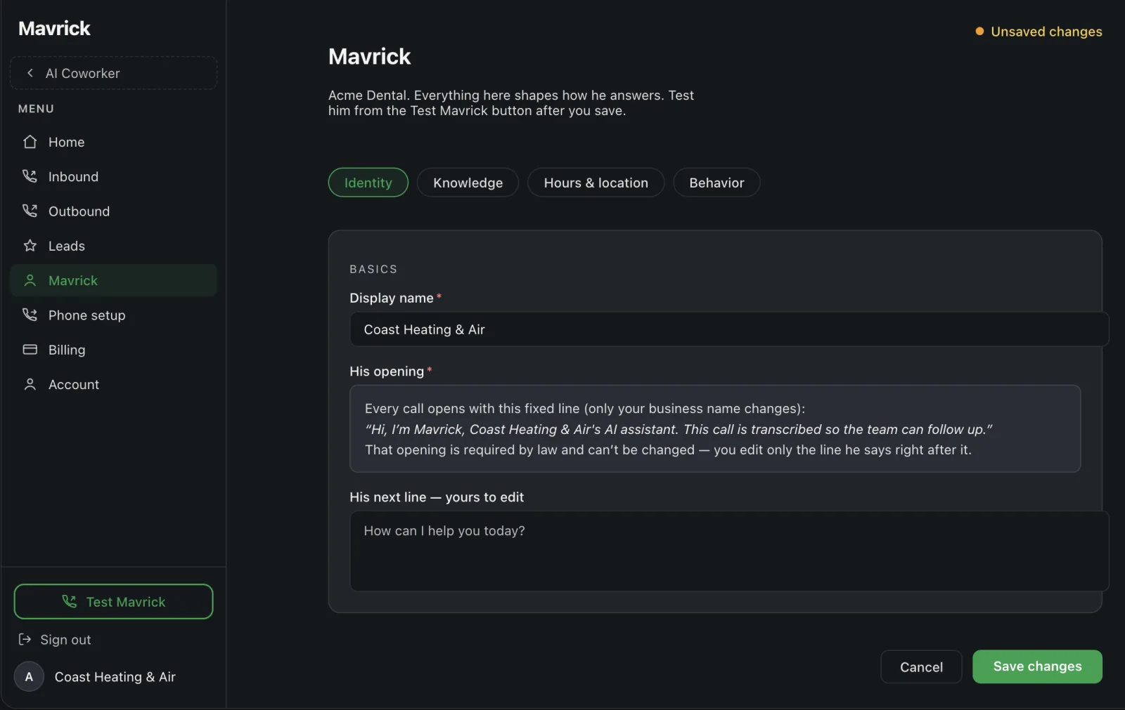 Merit's identity settings — display name and the opening line it uses on every call